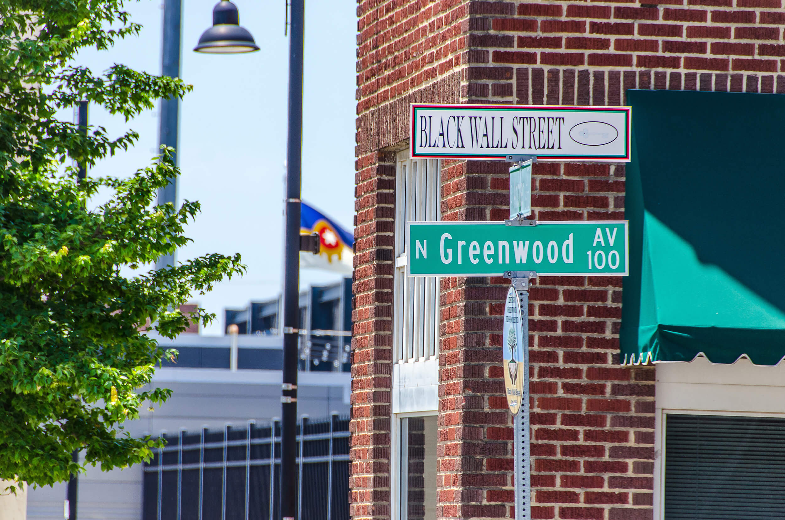 N. Greenwood Ave Street sign in downtown Tulsa, OK.